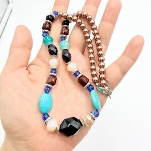 Multicolor Beaded Necklace Faux Turquoise Brown Pearl Boho Statement